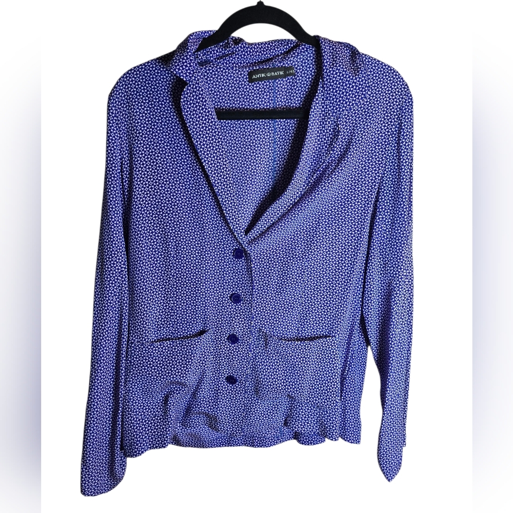 Antik Batik Purple Patterned Silk Button Down Top… - image 1